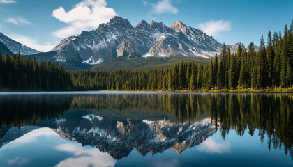 A picturesque mountain range reflected in the calm waters of a lake. The towering mountains are cove