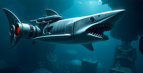 "A fully mechanized shark patrolling a metallic underwater base."