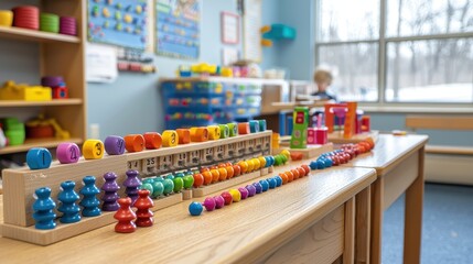 A classroom of young children using hands-on math tools like colorful blocks and counting beads. The interactive and playful setting supports early learning and number literacy 