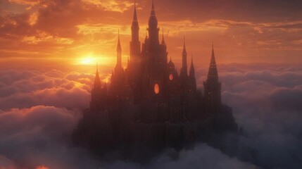 Naklejka premium A Majestic Castle Soaring Above the Clouds at Sunset