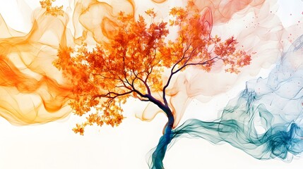 Autumn's Embrace: A tree bathed in swirling, vibrant hues of orange and teal, a mesmerizing autumnal dance.