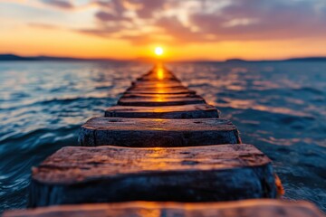 A wooden pier stretches out toward a vibrant sunset over the water, evoking feelings of adventure, beauty, and the promise of new beginnings.