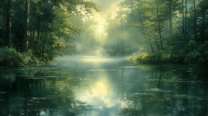 Fototapeta premium Serene Morning Mist Over a Tranquil River in a Lush Forest