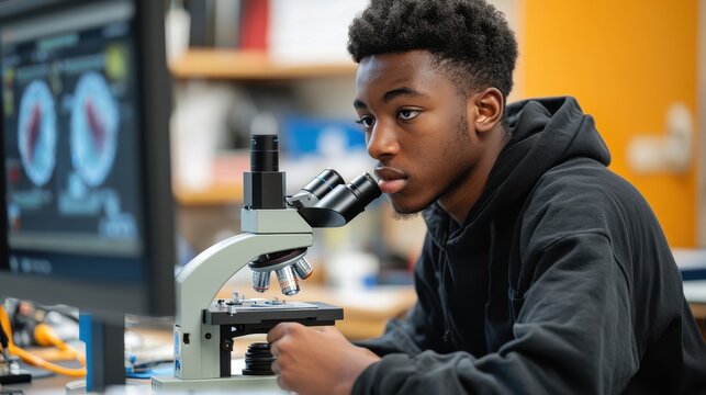 A college student researching in a state-of-the-art laboratory, using a microscope and recording observations. The cutting-edge environment emphasizes discovery and academic excellence 