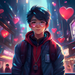 Boy with a futuristic costume and hearts in the background