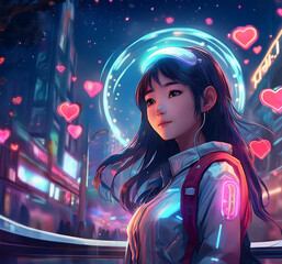 Girl with a futuristic costume and hearts in the background