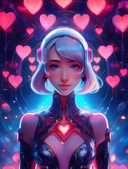 Girl with a futuristic costume and hearts in the background