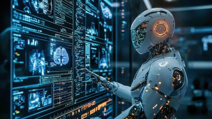 A cybernetic healthcare setting where a robotic nurse assists a doctor with holographic patient diagnostics. The glowing interface provides real-time updates, reflecting precision and modern 