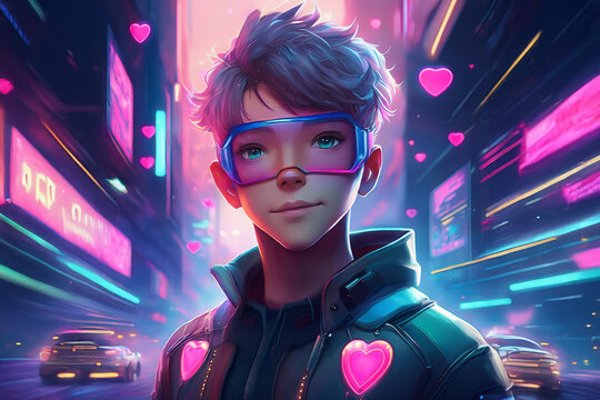 Boy with a futuristic costume and hearts in the background
