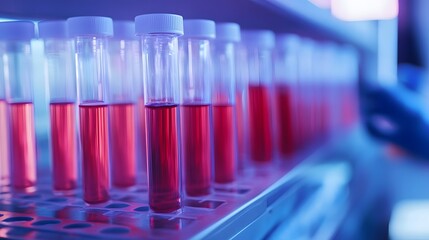 Medical Lab: Rows of test tubes filled with vibrant pink liquid, under a cool blue light.  A glimpse into scientific research.