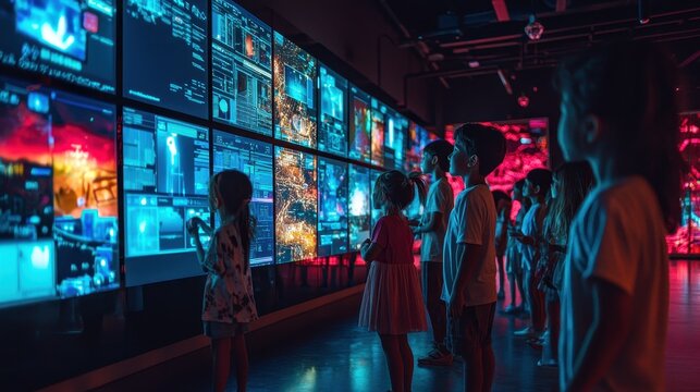 A digital classroom where students interact with global peers on a virtual learning platform. The glowing screens and enthusiastic faces reflect the possibilities of globalized education 
