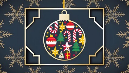 Festive Christmas Ornament: A whimsical cutout filled with candy canes, stars, and tiny trees, set against a dark blue backdrop adorned with golden snowflakes.