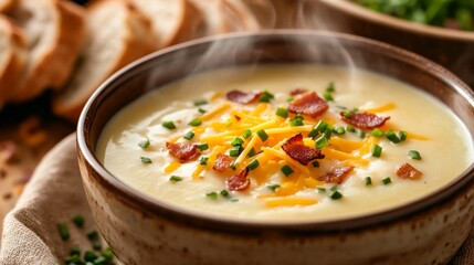 Photo of, A comforting bowl of creamy potato soup garnished with chives and shredded cheddar cheese, Potato soup served in a ceramic bowl with steam rising delicately