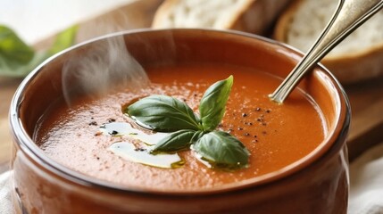 Photo of, A comforting bowl of creamy tomato basil soup garnished with a drizzle of olive oil and fresh basil leaves, Tomato basil soup served in a ceramic bowl with steam rising delicately