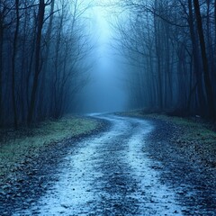 Obraz premium A forest road is shown in the rain with a foggy atmosphere