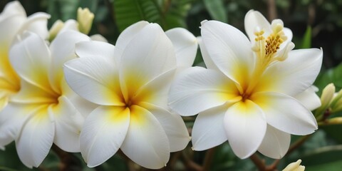 Naklejka premium Macro shot of delicate white plumeria blooms in natural setting, plumeria, blooms, white