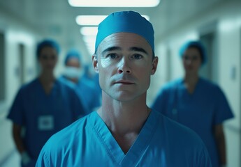 Surgeon and medical team prepare for an operation in a hospital corridor at night