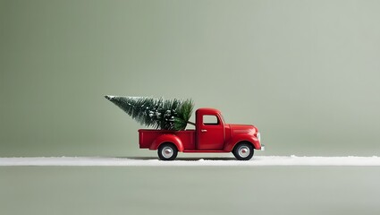 A charming red toy truck transports a miniature Christmas tree through a snowy landscape, creating a festive and nostalgic holiday scene.