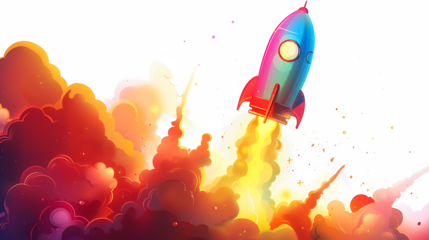 Cartoon-style rocket with exaggerated flames and expressive smoke trail, colorful and isolated on white 