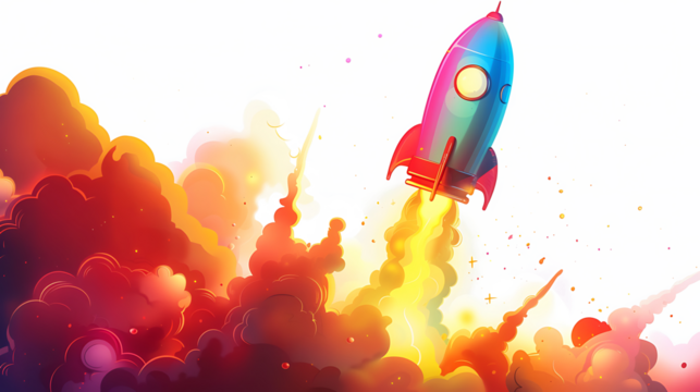 Cartoon-style rocket with exaggerated flames and expressive smoke trail, colorful and isolated on white  - Powered by Adobe