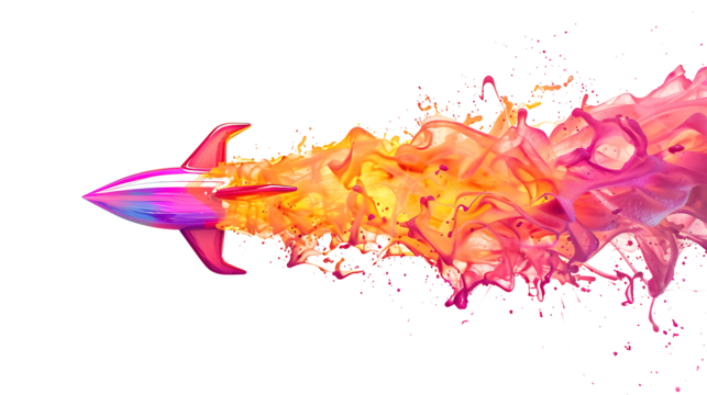 Cartoon-style rocket with exaggerated flames and expressive smoke trail, colorful and isolated on white 