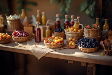 Farmer's Market Stall with Apples, Grapes, and Honey Jar