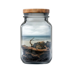 A jar filled with seaweed and driftwood