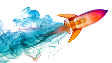 Cartoon-style rocket with exaggerated flames and expressive smoke trail, colorful and isolated on white 