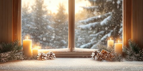 Winter scene of a candlelit window with snowfall and pine decorations during a cozy evening