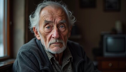 A senior man stands confidently, wearing a black jacket. Softly lit background. Portrait of a Russian man, 60-70-80 years old. Serious, wise, thoughtful face. Pensioner with gray hair. Generative AI
