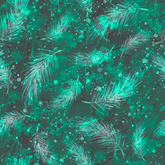 Fototapeta premium Watercolor seamless Vintage art pattern.With a picture - a branch of spruce. Pine, fir-tree and cedar. pattern of pine branches. Watercolor viburnum, rowan and elder branches seamless pattern