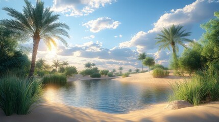 Obraz premium Serene Desert Oasis: A Tranquil Water Hole in the Golden Hour Sunlight