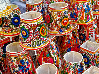 Crafts Mela in Maharashtra India, Interior decorative lamp shade of Tribal Artwork of Hindu God.