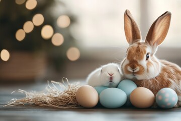 Two adorable bunnies are nestled among pastel-colored Easter eggs, resting on a bed of straw, evoking a sense of warmth, innocence, and festive celebration.