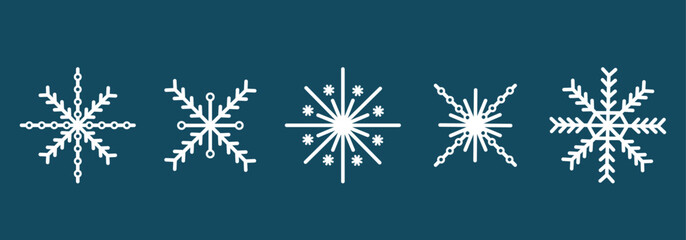 Set of white snowflakes in various different shapes on dark blue backgrround for Chistmas, New Year, icons, posters, greeting cards, stickers, patterns, banners
