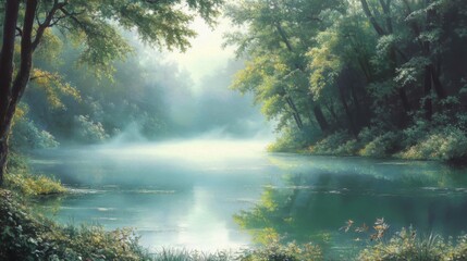 Fototapeta premium Serene Morning Mist Over a Calm River in a Lush Forest