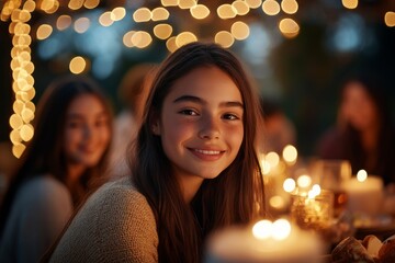 A young girl smiles warmly as she sits in a beautifully lit dinner setting, symbolizing peace, celebration, and cherished moments in a festive atmosphere.