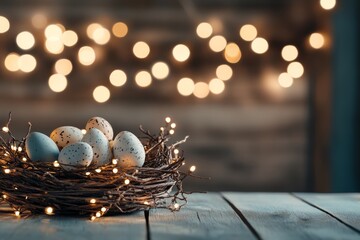 Fototapeta premium A rustic wooden table holds a nest filled with speckled eggs, surrounded by soft warm string lights, creating a cozy and inviting atmosphere in earthy tones.
