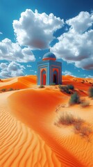 stunning desert architecture, tranquil desert sanctuary, majestic sand dunes, desert travel destination, architectural wonders of the world, beautiful islamic architecture, historical desert site
