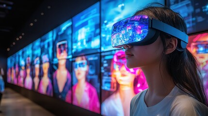 A high-tech classroom where students use augmented reality glasses to interact with holographic learning modules. The vibrant and dynamic environment highlights the evolution of education 
