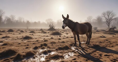 Obraz premium Muddy field with a single donkey grazing in the cold winter sun, frosty, landscape, rural scene