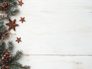 A rustic wooden background decorated with pine cones, foliage, and wooden star ornaments, perfect for creating a cozy and natural holiday atmosphere.