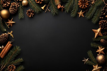 Naklejka premium Beautiful arrangement of golden Christmas decorations with pine branches and pinecones on a contrasting black background, showcasing elegance and festive spirit.