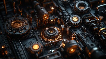Unique steampunk style featuring gears, cogs, and pipes, designed of sci-fi and industrial aesthetics. black background.