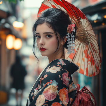 夕暮れの石畳に映える艶やかな着物姿、和傘越しの柔らかな光に包まれた凛とした横顔、黒地に咲く花々と朱色の和傘が織りなす伝統と現代が調和する一瞬、路地裏の提灯の灯りが彩る日本の美