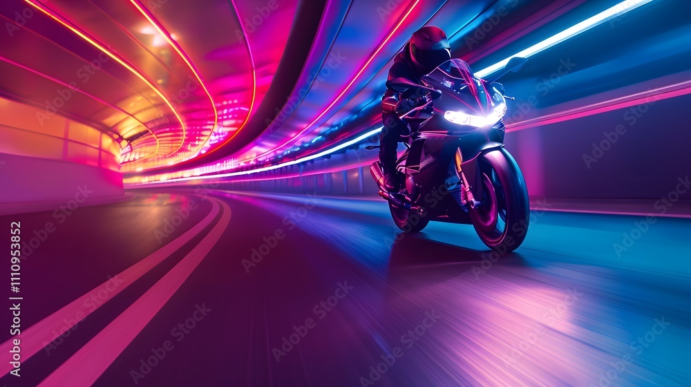 Poster dynamic night ride of a motorcycle in neon-lit tunnel capturing speed and energy with vivid colors a