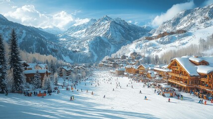 Fototapeta premium Scenic winter landscape with skiers in a snowy mountain resort.