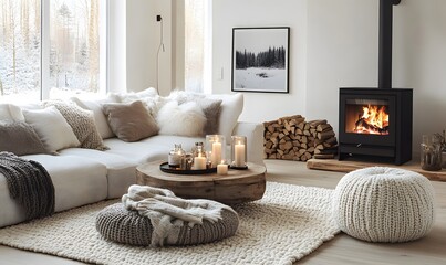 Minimalist, rustic interior design of modern living room. Corner sofa with grey and fur pillows near fireplace.
