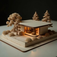 Una casa moderna en miniatura con un diseño minimalista, rodeada de árboles y arbustos detallados, iluminada cálidamente desde el interior, creando una atmósfera acogedora y atractiva
