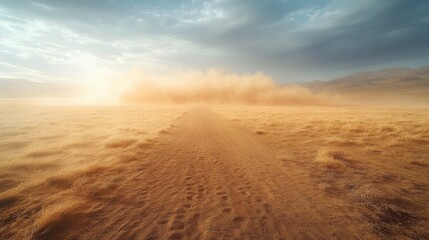 Naklejka premium Awe-Inspiring Golden Desert Landscape Capturing a Majestic Dust Storm, a Breathtaking Panorama of the Arid Plains
